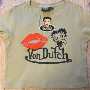 Von Dutch Olive Green Betty Boop Crop Top with Red Lip Print